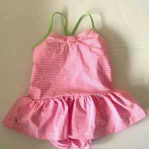 Ralph Lauren Pink Check Ruffle Swimsuit Keyhole Criss Cross Back Swimsuit S 9M